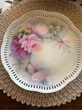 Floral Hand-Painted Decorative Plate with Pink Roses reticulated edges
